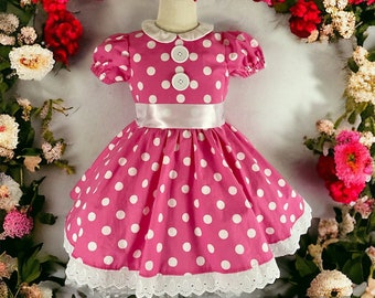 Vestido rosa de Minnie Mouse, disfraz de Minnie, vestido rosa de lunares, atuendo inspirado en Minnie Mouse, vestidos de fiesta de cumpleaños, vestido de Minnie Mouse,