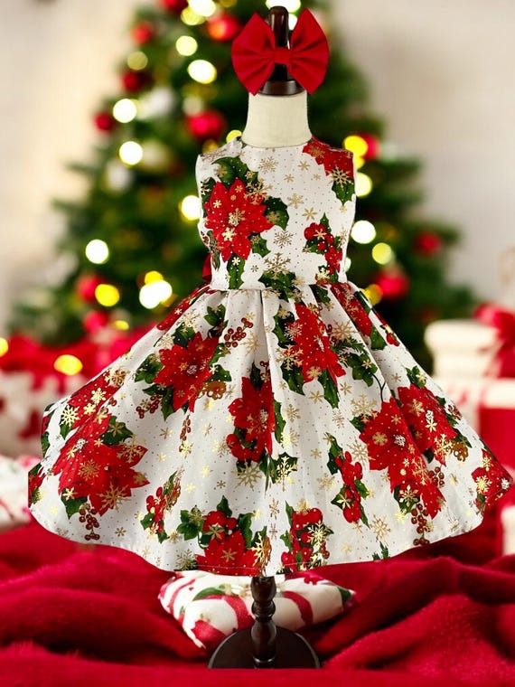 white christmas dresses Poinsettia Christmas Twirl dress for girls – BAZZYBEARS main image 1