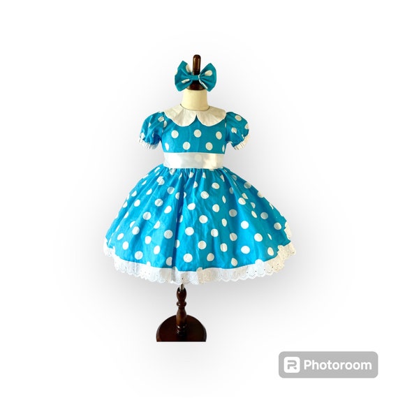 Blue Minnie Mouse Inspired Dress: Vintage Polka Dot Costume with Hair Bow Blue Minnie Mouse Inspired Dress: Vintage Polka Dot Costume with Hair Bow