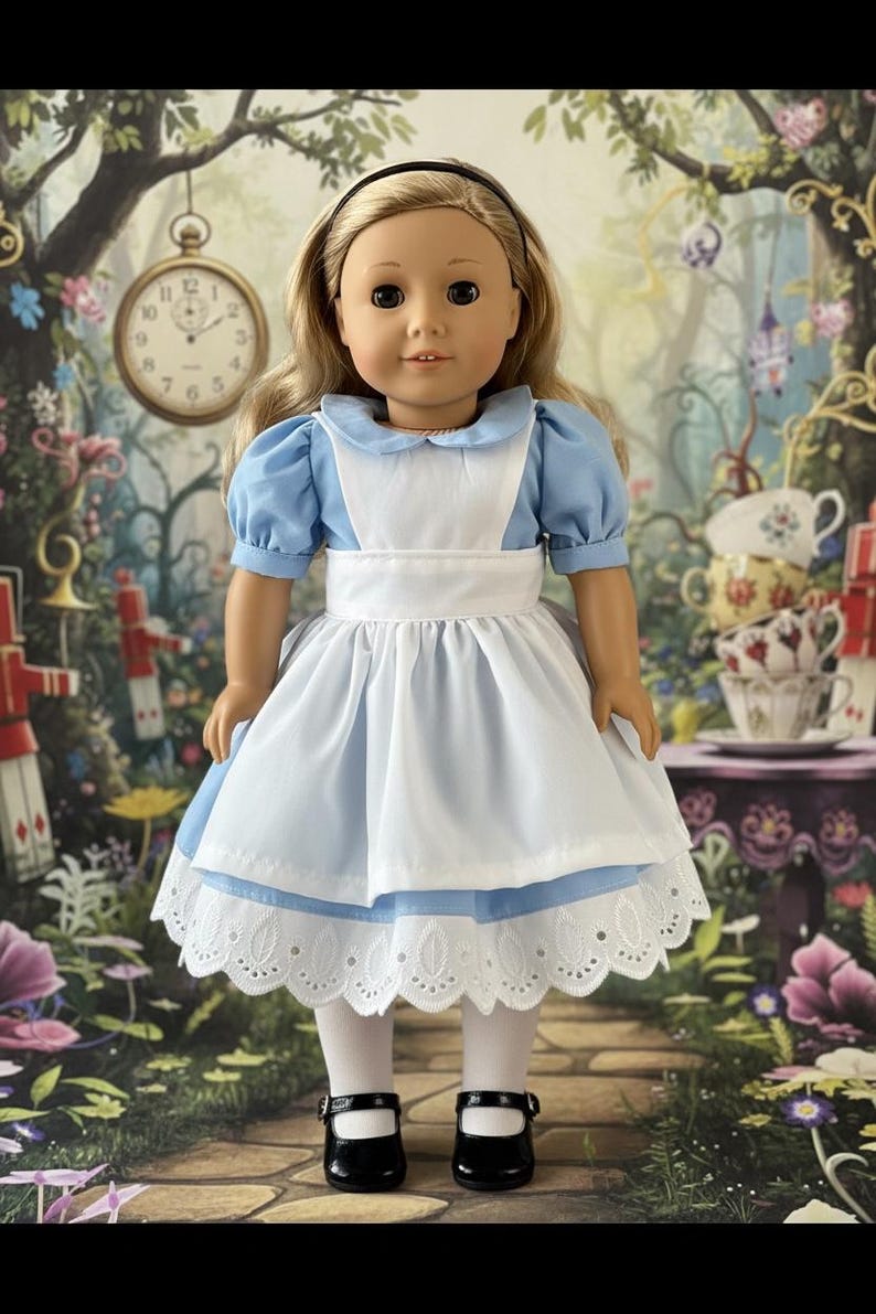 Peut inclure: Une poup&eacute;e aux cheveux blonds avec un bandeau noir, v&ecirc;tue d'une robe bleu clair &agrave; manches courtes bouffantes, d'un tablier blanc et d'une bordure en dentelle blanche &agrave; l'ourlet. La poup&eacute;e porte &eacute;galement des collants blancs et des chaussures noires.