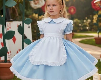 Alice in Wonderland Costume, Birthday Party Dress,Girls Cotton Costume,Twirl Dress,Dress with Pinafore,Vintage Dress ,Theater Costume,