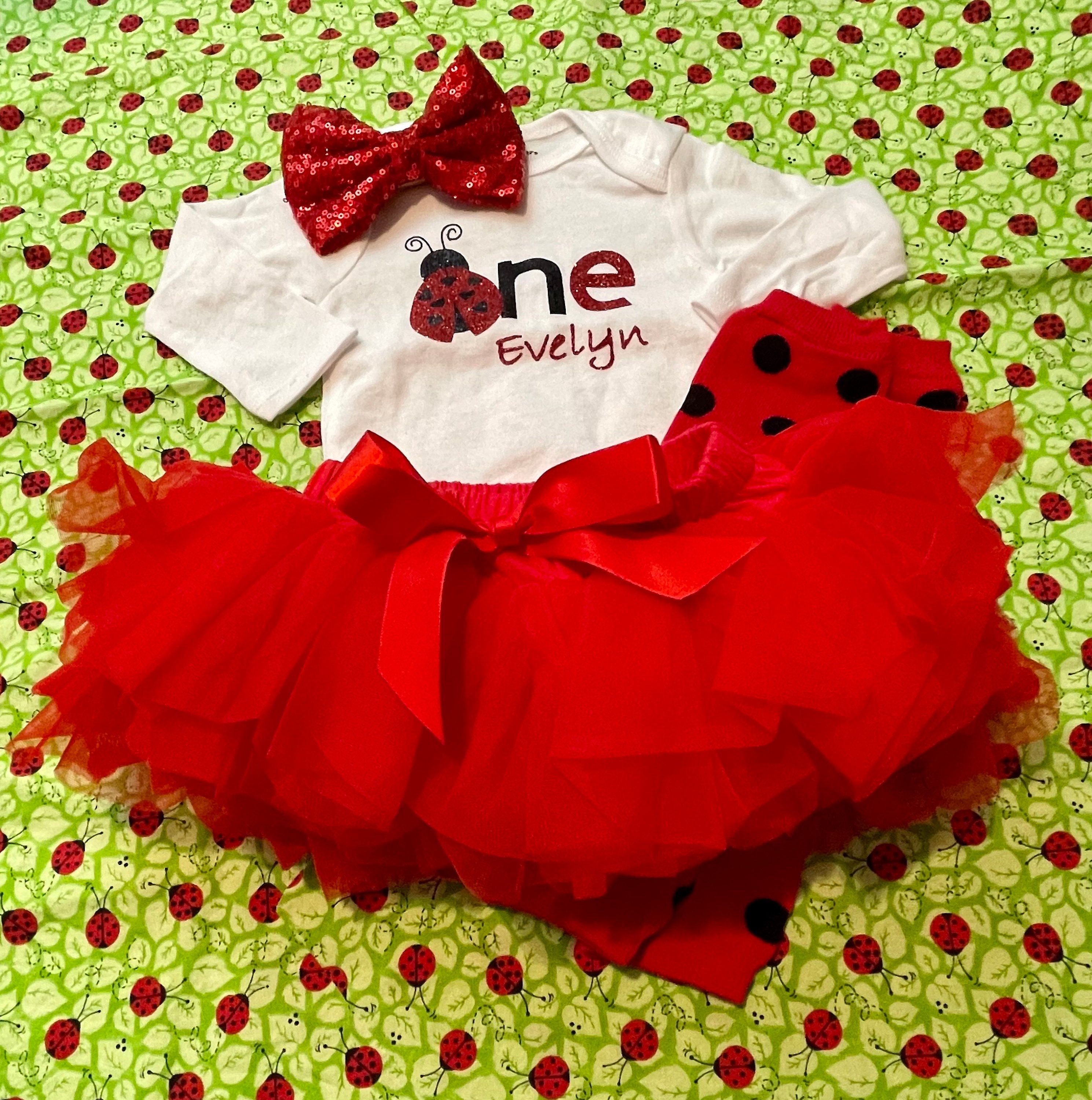 Personalized Ladybug First Birthday Outfit: Red Tutu, Headband & Leg Warmers