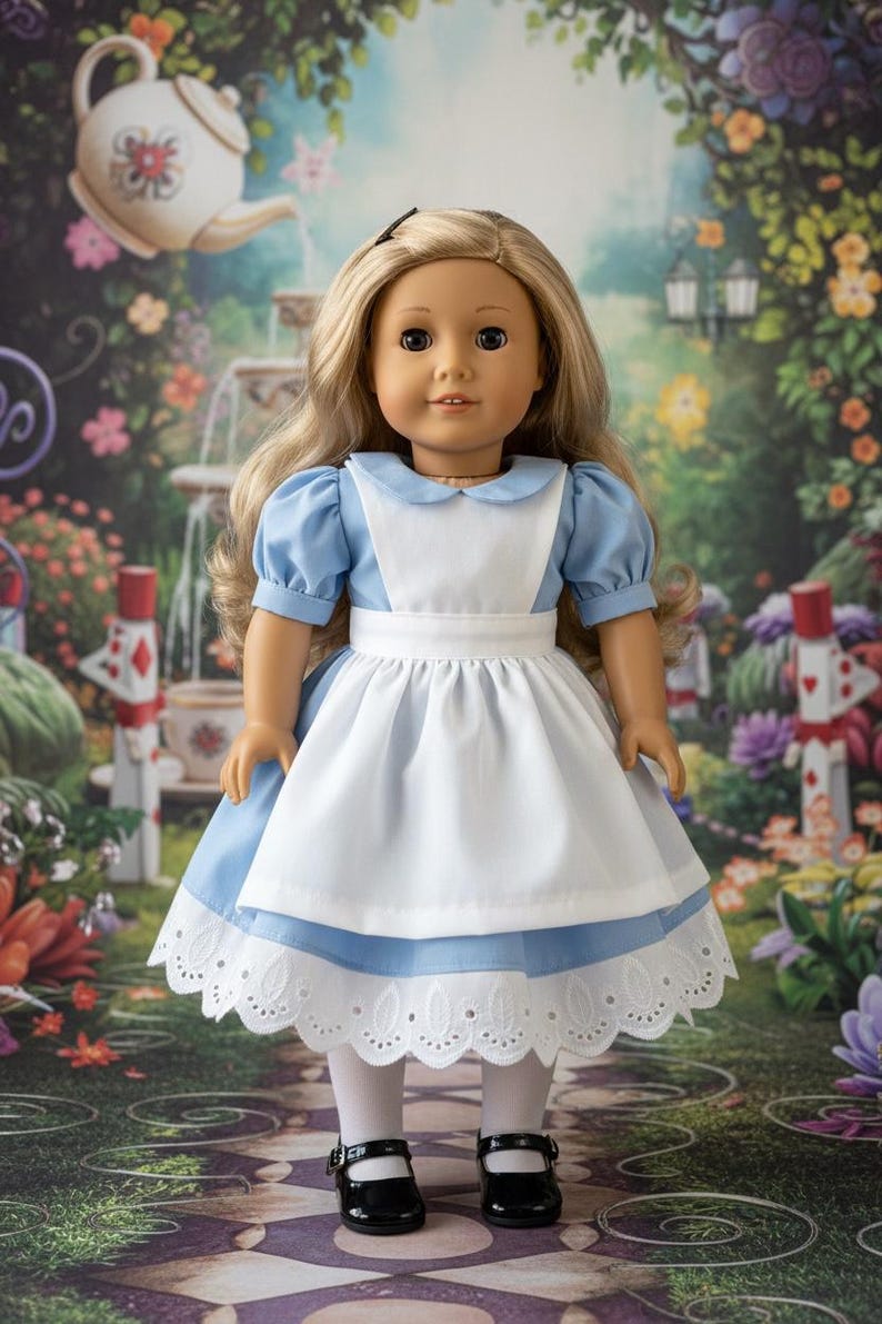 Peut inclure: Une poup&eacute;e aux longs cheveux blonds portant une robe bleu clair &agrave; manches courtes bouffantes, un col Claudine blanc et un tablier blanc. La robe pr&eacute;sente une bordure en dentelle blanche &agrave; l'ourlet, associ&eacute;e &agrave; des collants blancs et des chaussures noires.