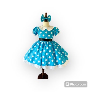 Minnie Mouse Dress, Adorable Costumes For Girls, Minnie Mouse Vintage Blue With White Polka Dots, Minnie Mouse Dress, Girls Costumes, Red