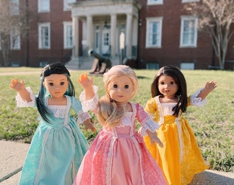Vestido formal colonial para muñeca de 18 pulgadas, vestidos para muñecas Hamilton, ropa para muñecas de 18 pulgadas, ropa para muñecas Heritage, vestido de las hermanas Hamilton Schuyler,
