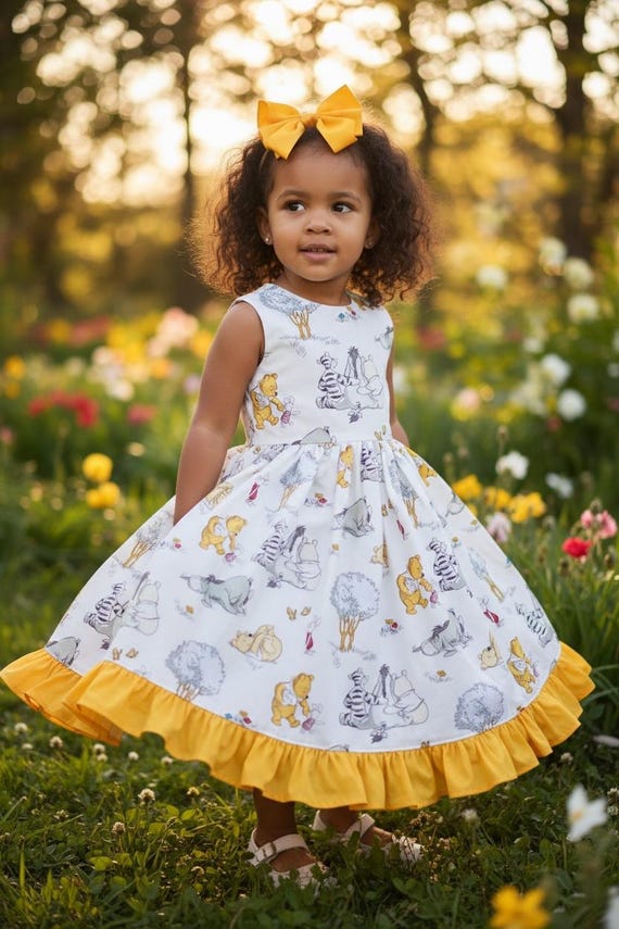 cotton dress for toddler girl Winnie the Pooh Cotton Dress: Baby, Toddler, and Girl with Matching Bow