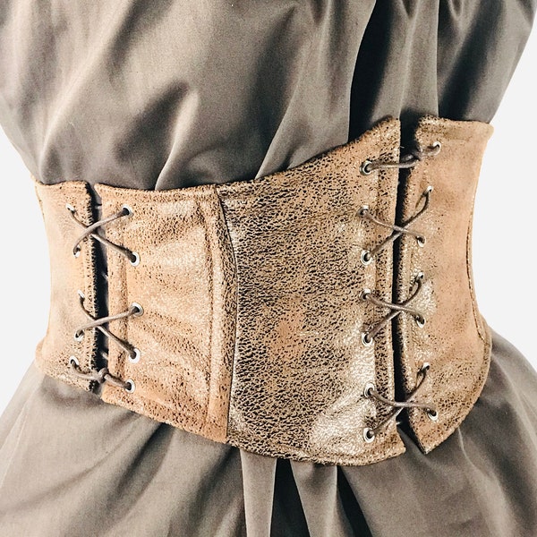 Corset Serre-taille Ceinture en simili cuir marron et baleines en acier flexibles ajustable d'inspiration guerrière