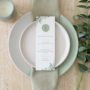 Sage Wedding Menu with Guest Name, Green Wedding Menu with Name, Printed Wedding Menu Cards, Wedding Breakfast Menu, Wax Seal Wedding Menu
