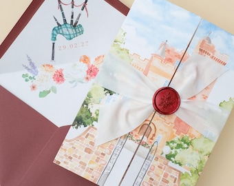 Glenapp Castle Wedding Invitation, Scottish Wedding Invitations, Folded Invitations with Wax Seal