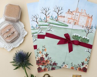 Sorn Castle Wedding Invitation Scottish, Folded Wedding Invites with Ribbon, Winter Wedding Invitations with Venue Illustration
