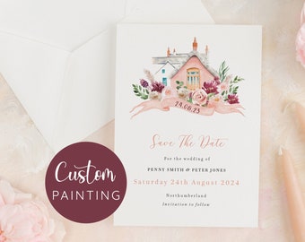 Save the Date with Venue Illustration, Venue Save the Date Blush Pink, Watercolor Venue Illustration Save the Date, French Save the Date