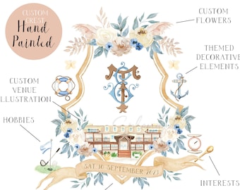 Wedding Crest Design, Custom Crest with Venue Illustration, Watercolor Monogram for Wedding, Custom Wedding Crest Watercolor, Hand Painted