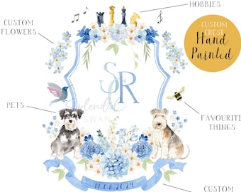 Custom Wedding Crest with Dogs, Couples Monogram with Dog Wedding Crest, Watercolor Wedding Crest for Wedding, Pet Wedding Invitation Crest