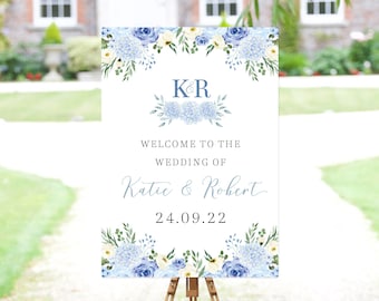 Blue Hydrangea Wedding Sign, Blue Welcome Sign, Blue Floral Wedding Welcome Sign, Blue Wedding Sign, Hydrangea Welcome Sign, Monogram