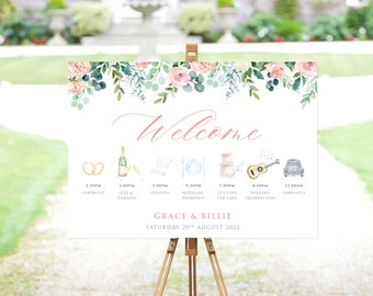Wedding Illustration, Order of the Day Sign, Eucalyptus Wedding Sign, Roses Welcome Sign, Order of Events Sign, Floral Wedding Sign,