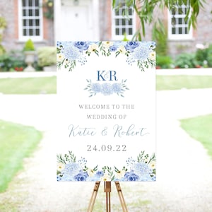 Blue Hydrangea Wedding Sign, Blue Welcome Sign, Blue Floral Wedding Welcome Sign, Blue Wedding Sign, Hydrangea Welcome Sign, Monogram