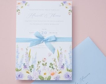 Delphinium Wildflower Wedding Invitations | Blue Wedding Invitation with Wildflowers | Pastel Wild Flower Wedding Invitation Set