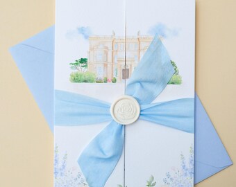 Hedsor House wedding invitations, English wedding invite, folded wedding invitation with hand drawn venue, watercolour venue invitation