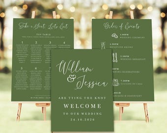 Green Wedding Sign Bundle, Green Wedding Signage Set, Emerald Welcome Sign Seating Chart, Emerald Wedding Sign Printed, Olive Wedding Sign