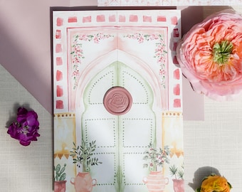 Custom Moroccan Wedding Invitation | Bespoke Marrakech Wedding Invitation | Moroccan Invitation with Venue Illustration