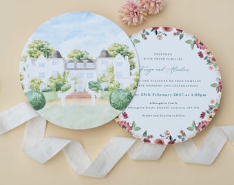 Achnagairn Castle Wedding Invitation Set, Round Wedding Invitations, Scottish Wedding Invites,