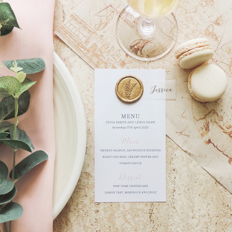 Wedding Menu with Wax Seal, Wedding Menu with Guest Name, Gold Menu, Anniversary Menu, Wedding Menu with Place Name, Menu with Vellum image 1