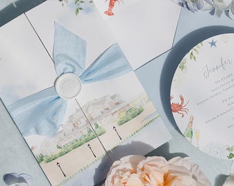 Bonnet Island Estate wedding invitation, Coastal Wedding Invitations, Folded Wedding Invitation Venue Illustration, Coastal Invitations