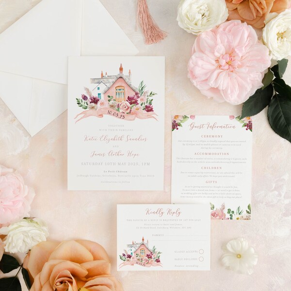 Venue Illustration Wedding Invitation, Venue Painting, Venue Portrait, Venue Invitations, Venue Save the Date, Blush Pink, Flowers, Floral