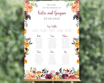 Burnt Orange Wedding Sign, Burgundy Seating Chart, Boho Seating Chart, Rustic Table Plan Board, Autumn Seating Plan with Flowers