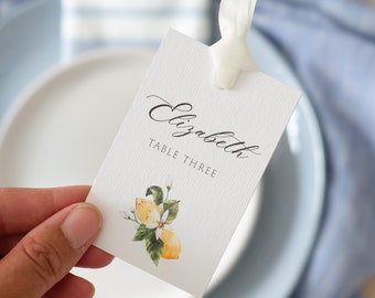Lemon Place Cards, Lemon Placecard, Ribbon Placecards, Place Card with Ribbon, Italy Place Card, Mediterranean Place Card, Lemons Place Name