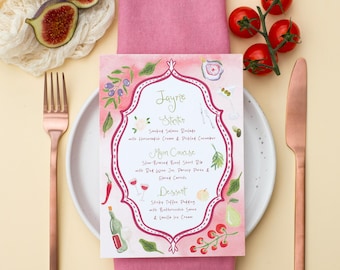 Hand Painted Wedding Menu Illustrated, Watercolour Wedding Menu Custom, Hand Drawn Wedding Menu with Name, Custom Wedding Menu Watercolour