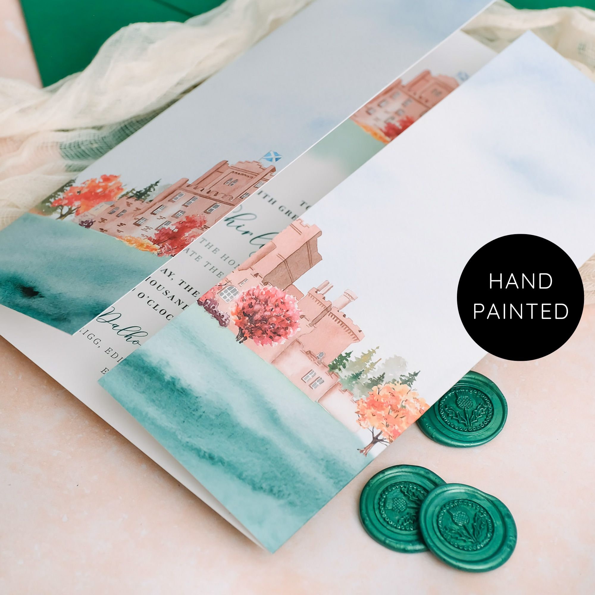 Castle Wedding Invitation Hand Painted, Folded Wedding Invitations Illustrated, Scottish Wedding Invitations Gatefold, Castle Invitations