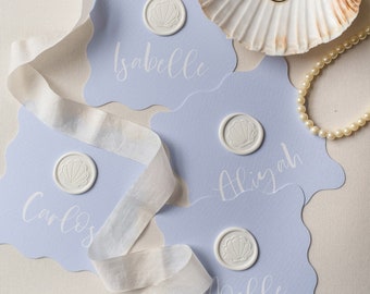 Wavy Place Cards for Wedding, Wavy Name Card, Dusty Blue Place Cards for Wedding Printed, Wax Seal Place Name Wedding, Wavy Wedding Set