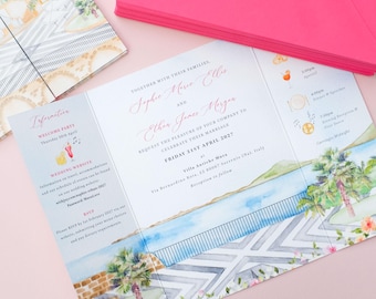 Villa Antiche Mura wedding invite, Sorrento wedding invitation destination wedding, palm tree wedding invitation tropical, folded invites
