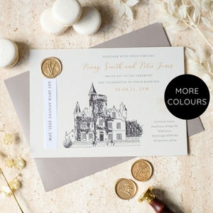Castle Wedding Invitations, Castle Invitations, Scottish Wedding Invitation with Venue Sketch, Wedding Venue Invitation with Wax Seal,