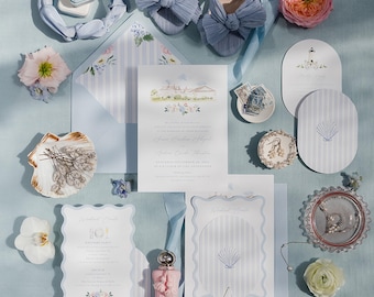 Custom Coastal Wedding Stationery, Illustrated Wedding Invitations Coastal, Custom Wedding Suite Watercolor, Blue Wedding Invitations Suite