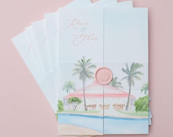 Kukua Beach Club wedding invitations, beach wedding invitation tropical, palm tree wedding invite folded, Dominican republic wedding invite