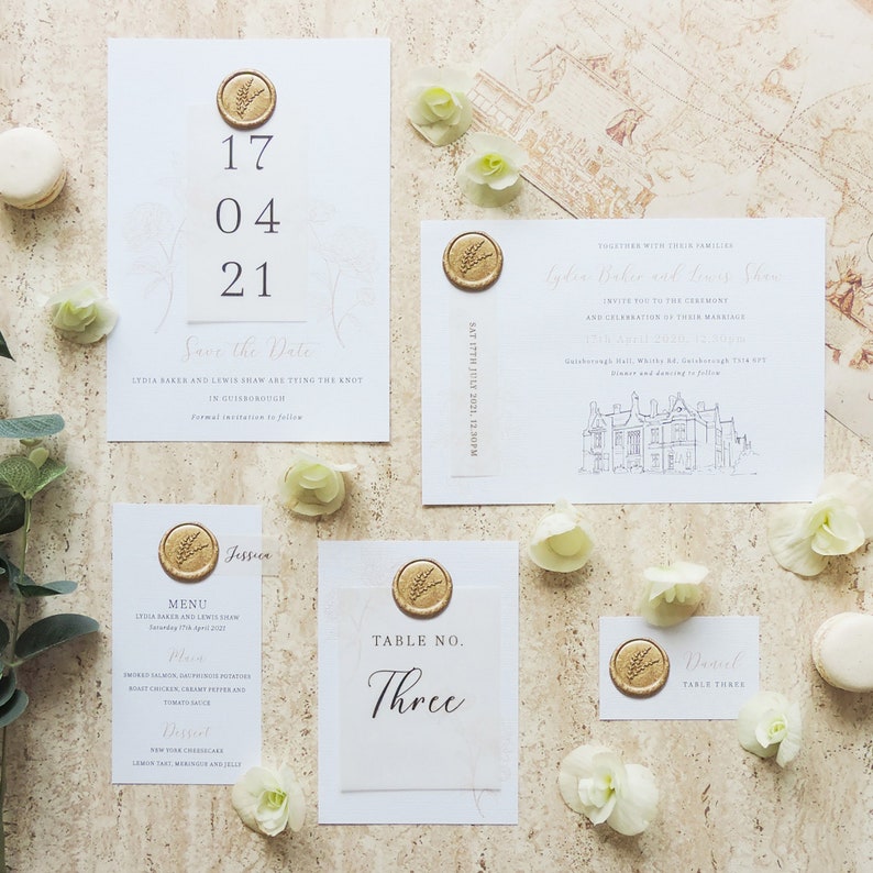 Wedding Menu with Wax Seal, Wedding Menu with Guest Name, Gold Menu, Anniversary Menu, Wedding Menu with Place Name, Menu with Vellum image 3