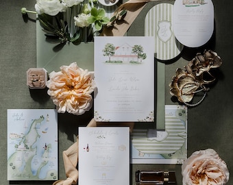 Custom Coastal Wedding Stationery, Michigan Wedding Invitation, Illustrated Wedding Invitations Coastal, Custom Wedding Map Itineraries