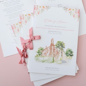 May include: A white wedding order of service booklet featuring a watercolor illustration of Ballaugh Old Church, pink floral accents, and a dusty rose ribbon tie. The text reads Order of Service, Celebrating the Marriage of Spencer James Osborne & Natalie Elizabeth Skelly, Ballaugh Old Church, Friday, 18th July 2025.