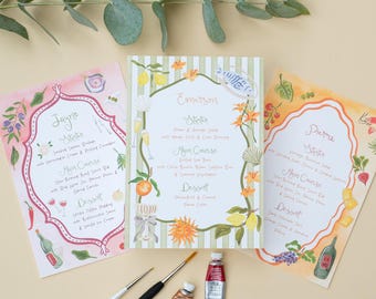 Illustrated Wedding Menu, Custom Wedding Menu Illustrated, Hand Drawn Wedding Menu with Name, Watercolor Wedding Menu Italian Style