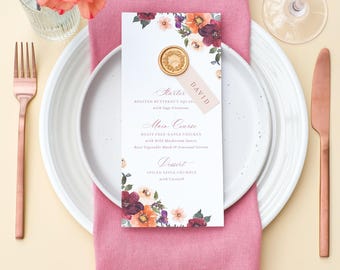 Autumn Wedding Menu with Names, Autumn Wedding Menu Long Skinny, Wax Seal Wedding Menu Autumn, Rustic Wedding Menu with Wax, Fall Wedding