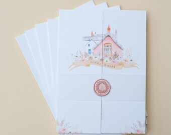 Le Petit Chateau Wedding Invitations | Folded Wedding Invitation with Venue Illustration | Illustrated Wedding Invites