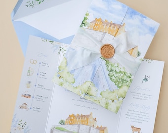 Edinburgh Castle Wedding Invitation, Folded Wedding Invitations Scottish, Venue Illustration Invite
