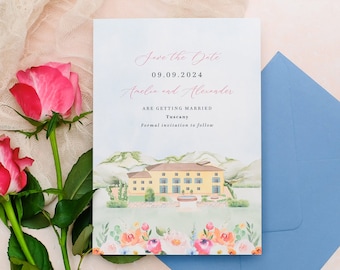 Tuscany Save the Date, Italy Save the Date, Venue Illustration Save the Date, Illustrated Save the Date, Destination Save the Dates