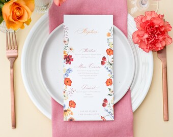 Autumn Wedding Menu with Names, Autumn Wedding Menu Long Skinny, Rustic Wedding Menu Printed, Autumn Wildflower Wedding Menu, Fall Wedding