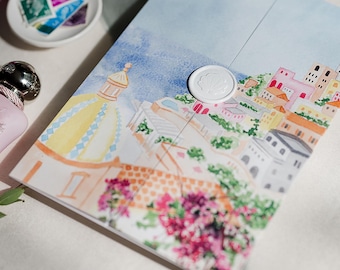 Positano Wedding Invitation | Amalfi Coast Wedding Invitation | Destination Wedding Invitation with Art | Italian Wedding Invite