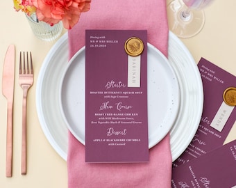 Burgundy Wedding Menu with Name, Burgundy Menu Wedding, Wax Seal Wedding Menu, Autumn Wedding Menu Long Skinny, Personalised Wedding Menu