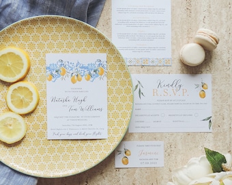 Italy, Lemons Wedding Invitation, Yellow, Blue, Lemon Wedding Invite, Sicilian Wedding Stationery Set, Amalfi, Elopement Invitation,