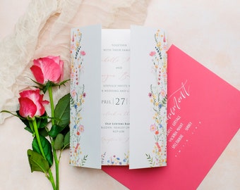 Wildflower Wedding Invitation, Wild Flower Wedding Invite, Wedding Invitation with Flowers, Folded Wedding Invitation, Hot Pink Invitation